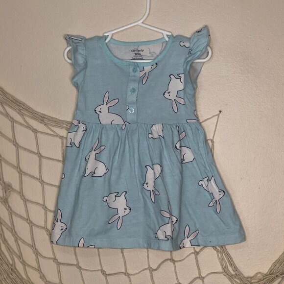 CARTER'S Little Girl's Aqua Blue Bunny Rabbit Flutter Sleeve A-Line Dress 12 mo - Picture 1 of 8